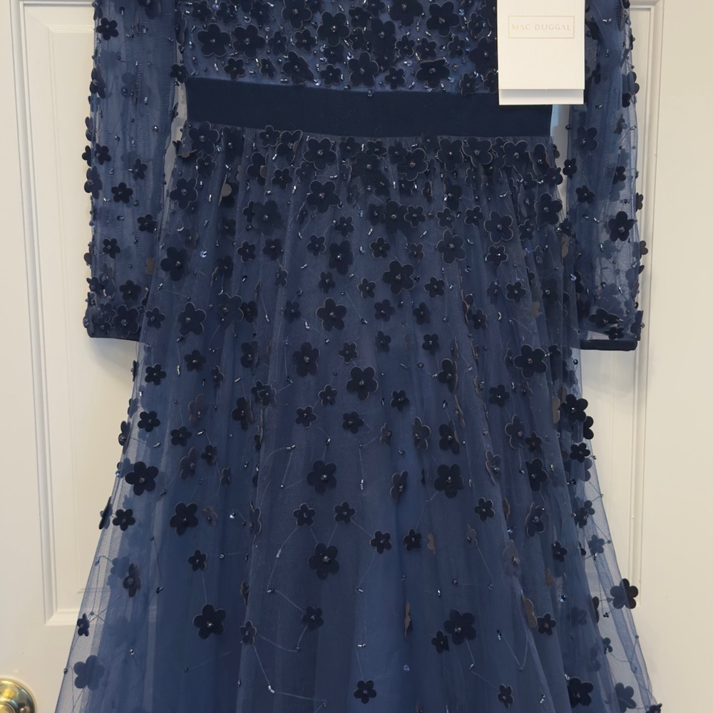 Mac Duggal Midnight Blue Elegant Tea Length Cocktail Dress